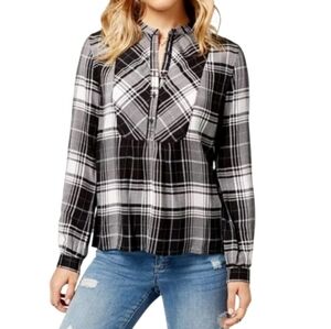 NWT Lucky Brand Black & White Plaid Peasant Top